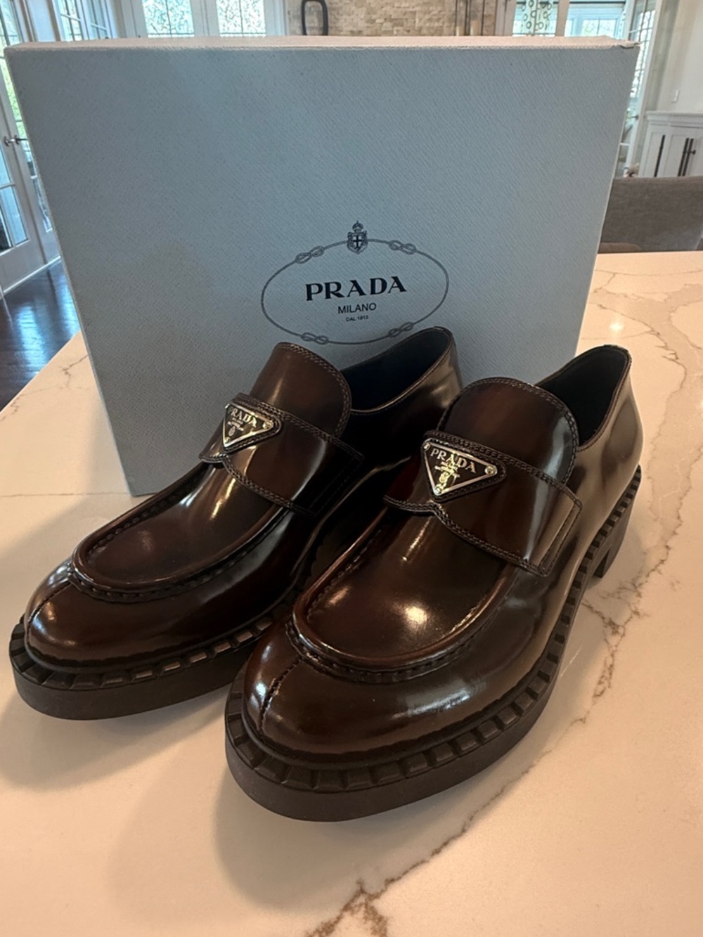 Prada Brown Leather Platform Womens Loafers Brown New 40.5 - Picture 3 of 4